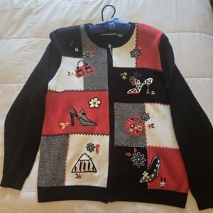 Alfred Dunner Red Black Cream Patchwork Embroidered Zip Cardigan